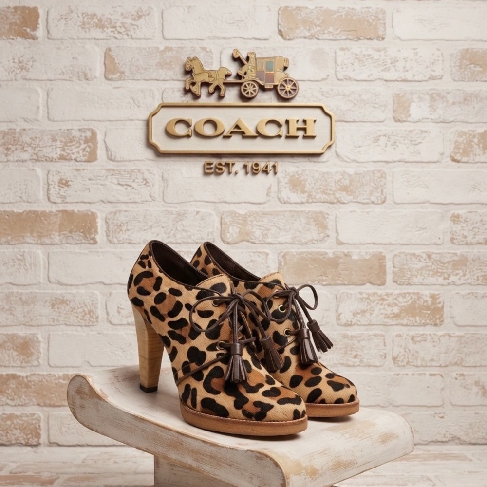 Coach Tullah luxury Leopard Calf Hair Lace Up Tassel Booties Brown Tan 7.5B